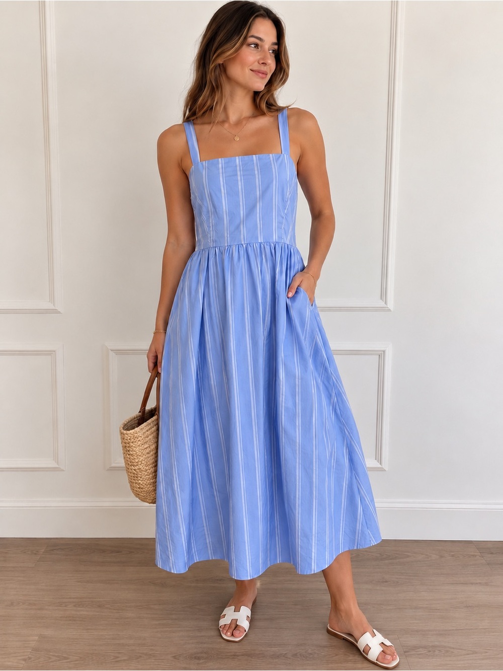 a new day Light Blue and White Striped Midi Sundress